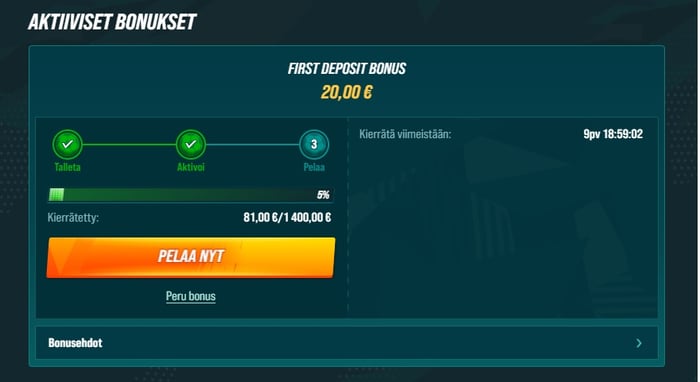Aktiiviset bonukset -näkymä, jossa näkyy ensitalletusbonuksen kierrätysedistyminen 5 % (81,00 € / 1 400,00 €).
