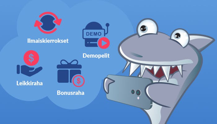 Kasinohai pelaamassa puhelimella ilmaisia pelejä, jotka on lueteltuna vieressä: esimerkiksi leikkiraha ja demopelit.