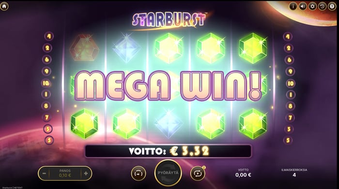 Kuva, jossa näkyy voitto Starburst-pelissä.