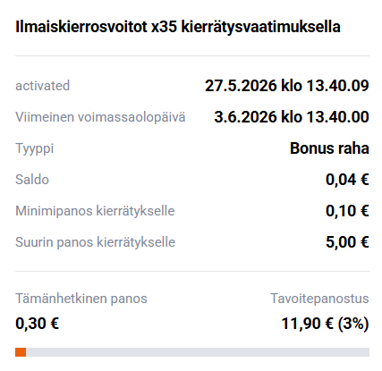 Jasmin Slotsin ilmaiskierrosvoittojen bonusraha, jossa 0,04 € saldo vaatii 11,90 € kierrätyksen 35x kierrätysvaatimuksella.