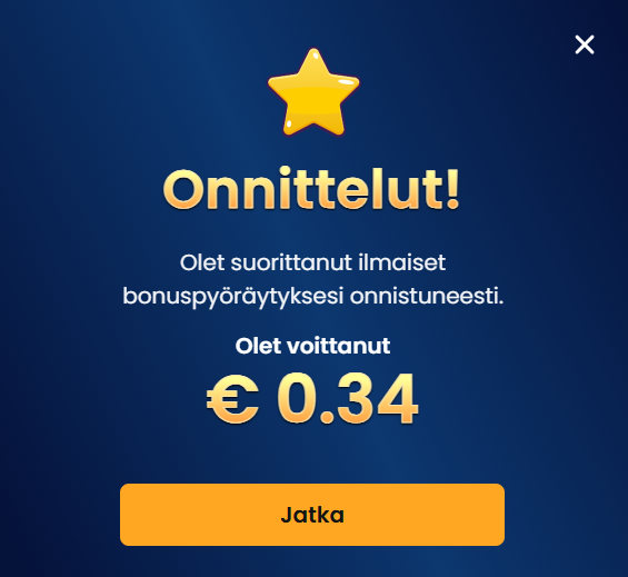 Jasmin Slotsin ilmoitus onnistuneesti suoritetuista ilmaisista bonuspyöräytyksistä, joista voitoksi tuli 0,34 €.