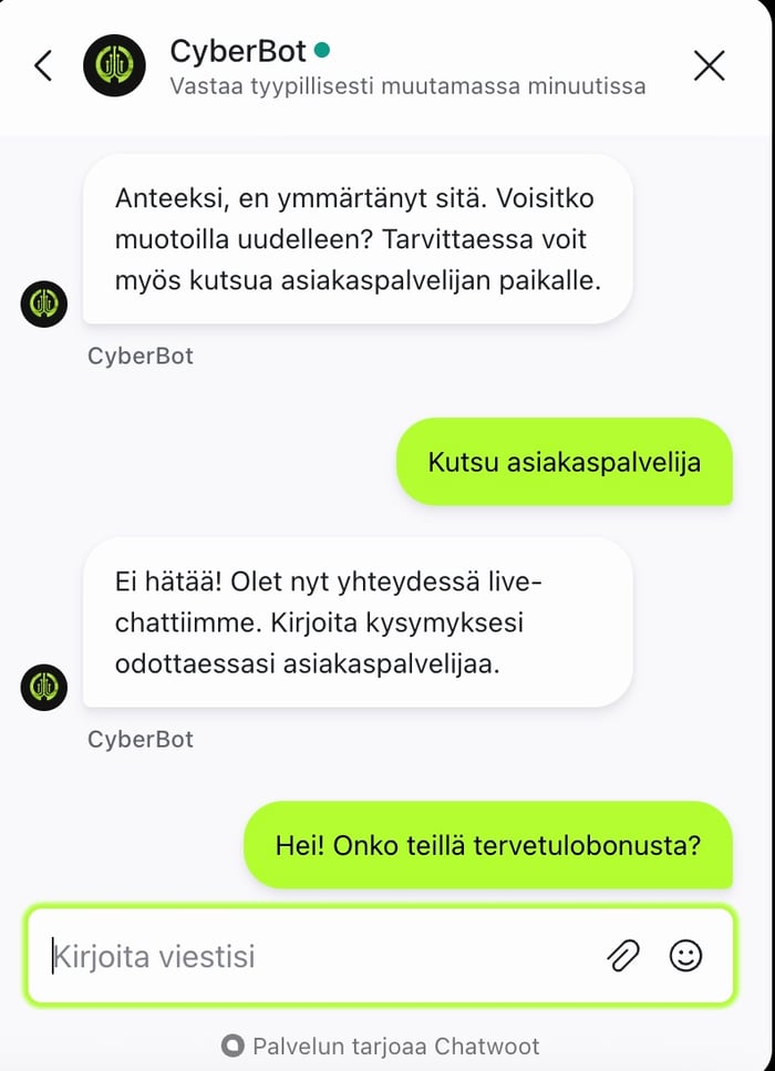 Cyber City kasinon chatissa oleva botti ei ymmärtänyt kysymystä.