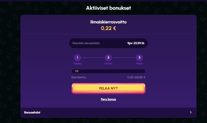 Aktiiviset bonukset -osio NovaJackpot-kasinolla näyttämässä 0,22 euron ilmaiskierrosvoittoa ja 8,80 euron kierrätysvaatimusta.