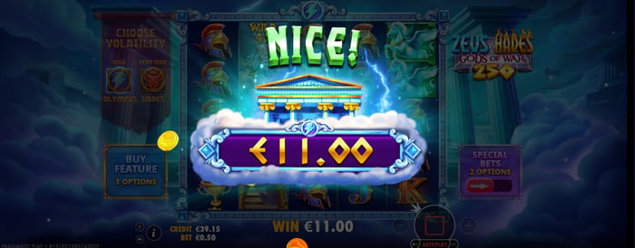 11 euron iso voitto Zeus vs Hades Gods of War 250 -pelistä.