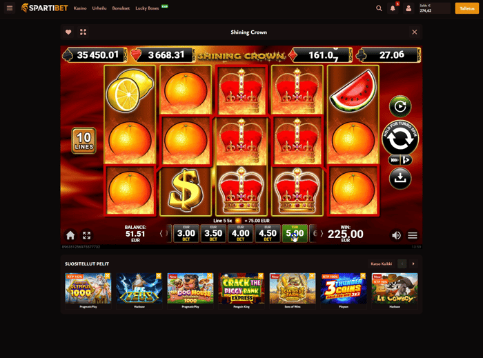 Shining Crown -voitto 225 € yhdellä 5 euron kierroksella