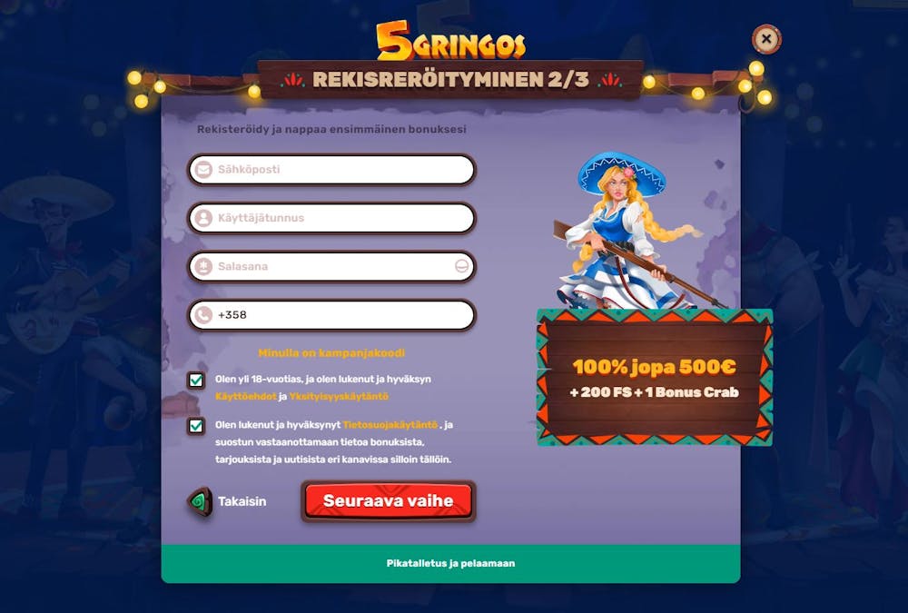 Rekisteröi uusi tili 5 Gringos Casinolle