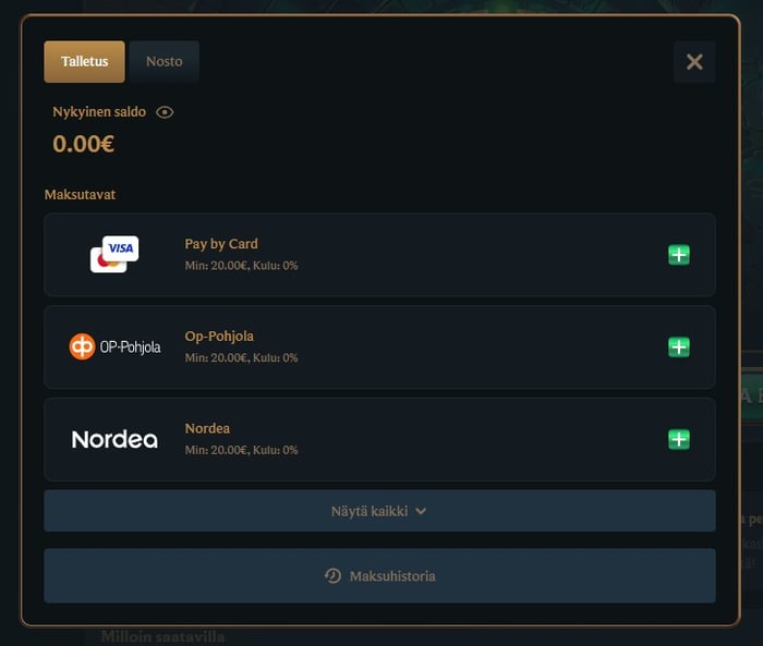 Talismania Casinon talletusikkuna, jossa maksutapoina näkyvät Visa, OP-Pohjola ja Nordea.
