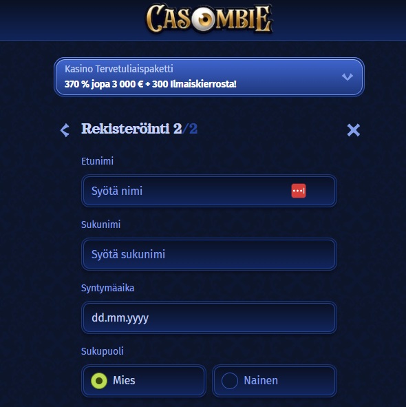 Casombie Casinon rekisteröintilomakkeen toinen vaihe, jossa syötetään henkilötiedot, kuten nimi, syntymäaika ja sukupuoli.