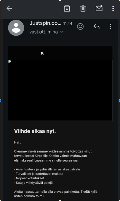 Justspin kasinoa koskeva sähköposti.
