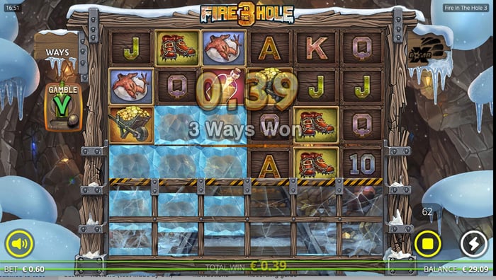 Kuva, jossa näkyy 0,39 € voitto Fire in the Hole 3 -pelissä.