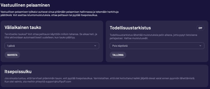 Vastuullisen pelaamisen osio Tuff Puffilla.