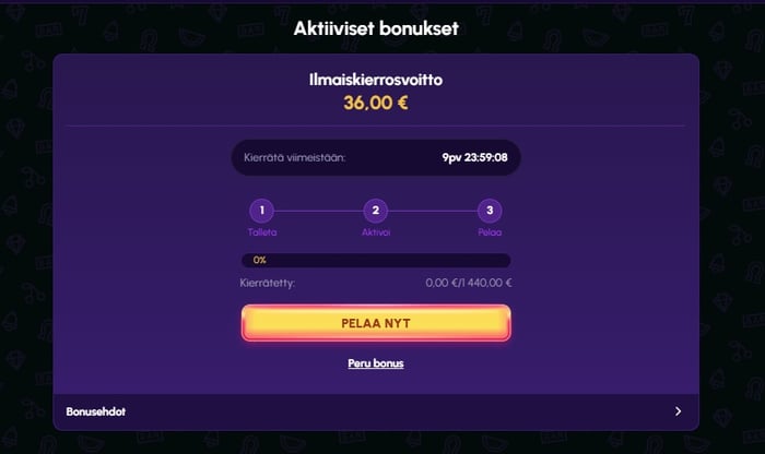Aktiiviset bonukset -osio NovaJackpot-kasinolla näyttämässä 36,00 euron ilmaiskierrosvoittoa ja 0 prosentin kierrätysedistymistä.