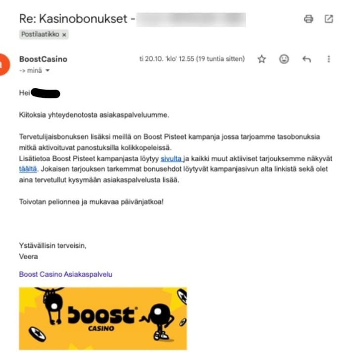 Boost Casino vastasi sähköpostiin seitsemässä minuutissa.