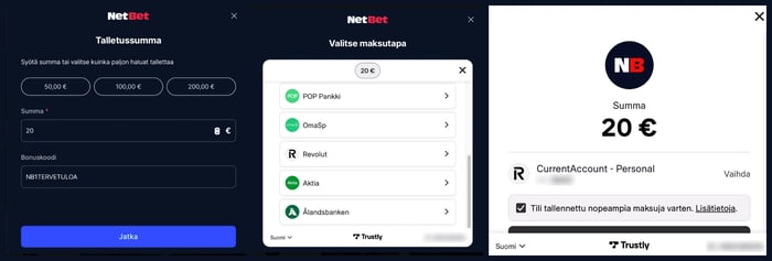 NetBet talletus tehdään Pay N Play -ominaisuuden kautta.