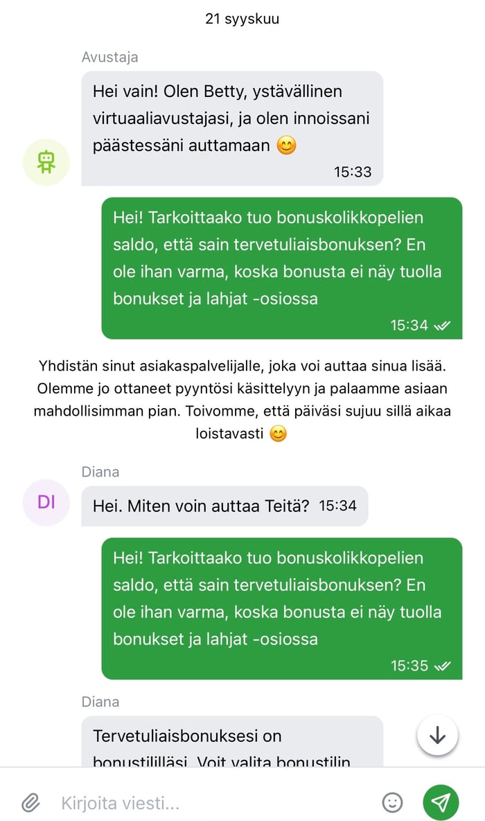 Keskustelu livechatissa Vivatbetin asiakastuen kanssa 21. syyskuuta 2026.