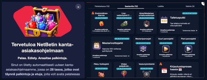 NetBet kasinolla kaikki pääsevät osaksi kanta-asiakasohjelmaa. Tehtäviä ja pisteiden kertymistä voi seurata ohjelman sivuilla.