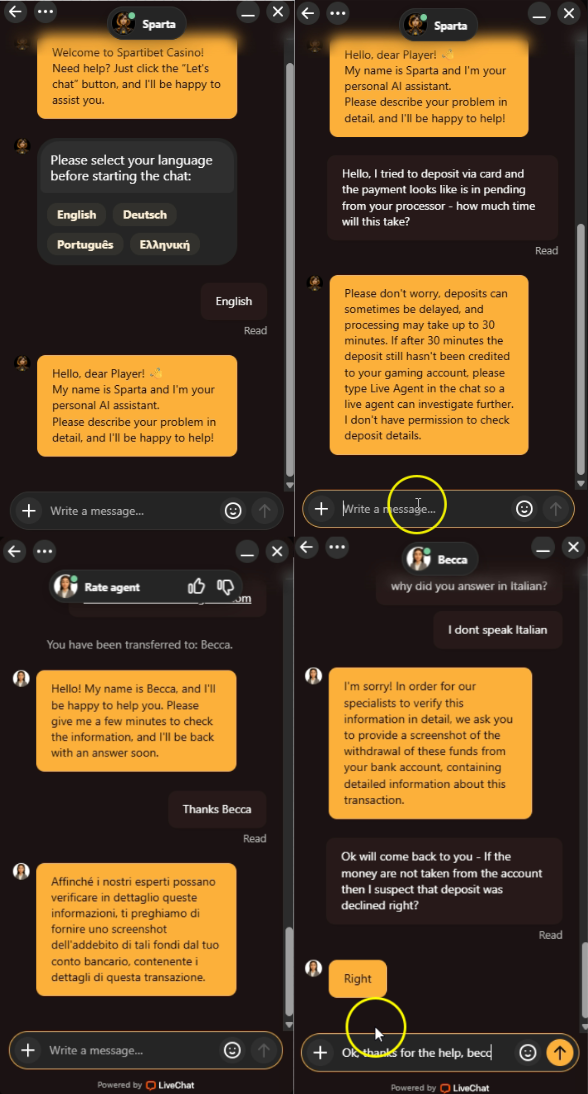 Spartibetin live-chat: tekoälyavustaja Sparta ja asiakaspalvelija, joka vastasi ensin italiaksi