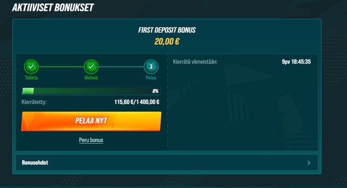 Aktiiviset bonukset -näkymä, jossa näkyy ensitalletusbonuksen kierrätysedistyminen 8 % (115,60 € / 1 400,00 €).
