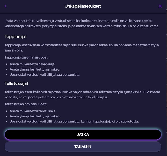 Chill Spinsin tarjoamat pelirajoitukset.