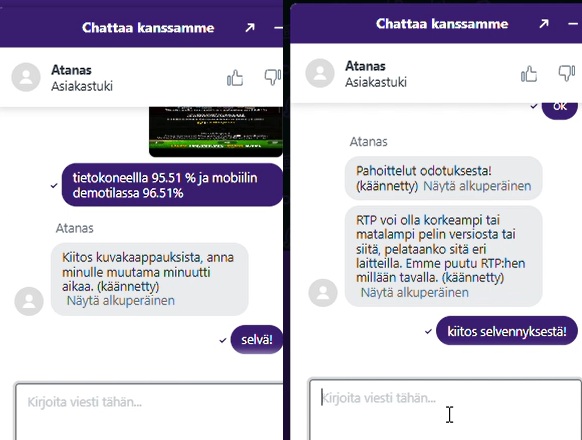 NovaJackpot-kasinon live-chat-keskustelu asiakastuki Atanasin kanssa koskien pelien RTP-palautusprosentteja eri laitteilla.