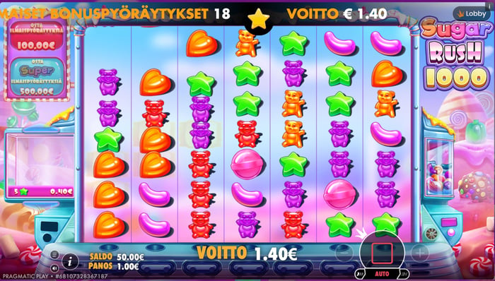 Sugar Rush 1000 -pelin 1,40 euron voitto.