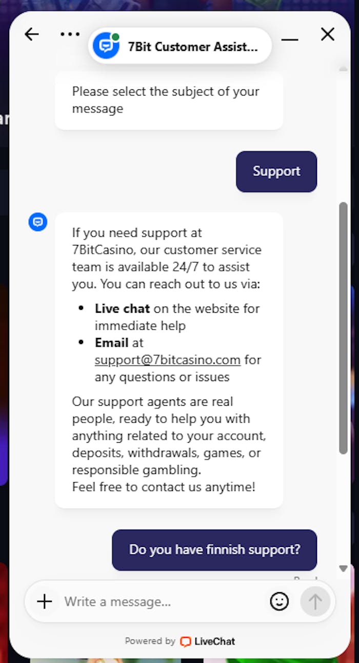 7bit Casinon live-chat, jossa vastauksia tarjosi chatbot.