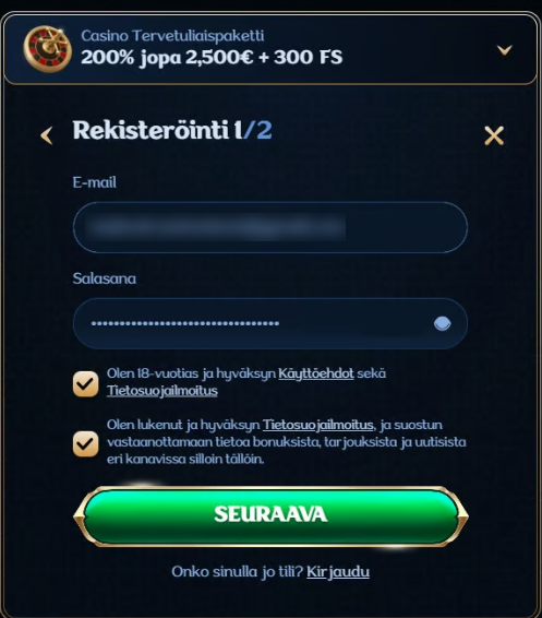 Millionerin ensimmäinen rekisteröitymislomake.