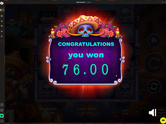 Skull Carnivalin ”Congratulations, you won” -ruutu, joka näyttää 76 euron voiton kierrätyksen loppuvaiheessa.