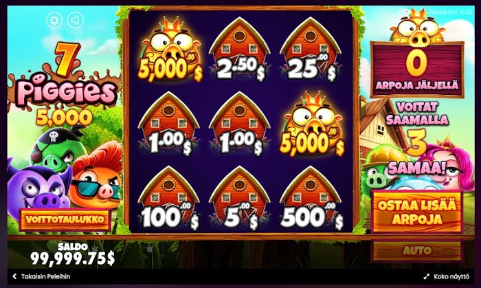  Pörröisiä possuhahmoja sisältävä 7 Piggies Scratchcard -raaputusarpa, jossa tavoitellaan samoja symboleja voiton saamiseksi.