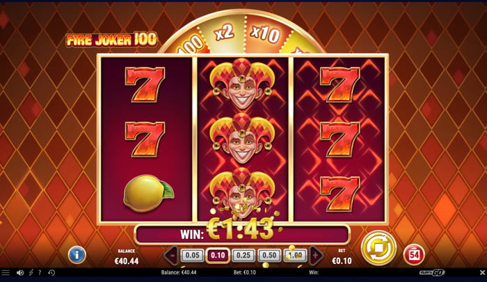 Kuva, jossa näkyy 1,42 € voitto Fire Joker 100 -pelissä.