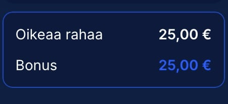 Luna Lootsin pelitilin oman rahan osuus 25 euroa ja bonuksen osuus 25 euroa.