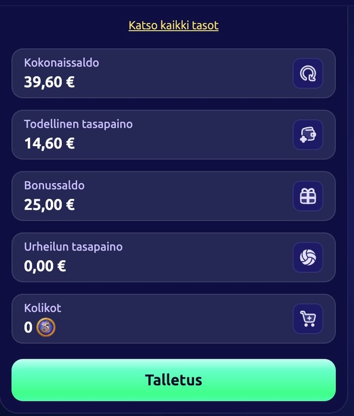 SpinDjinn Casinon profiilissa oleva saldoerittely.