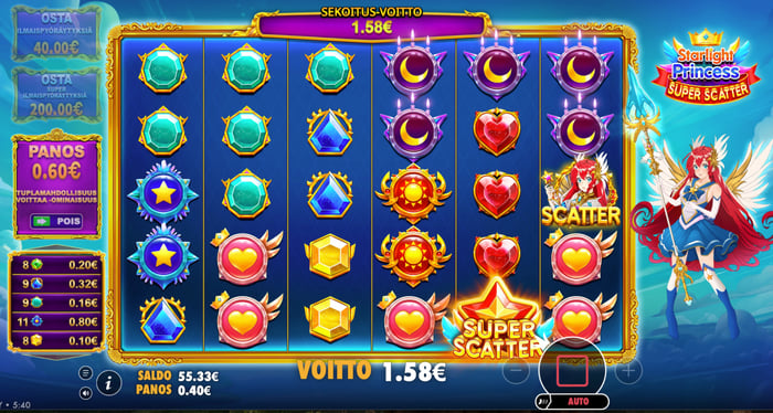 Kuva, jossa näkyy 1,58 € voitto Starlight Princess Super Scatter -pelistä.