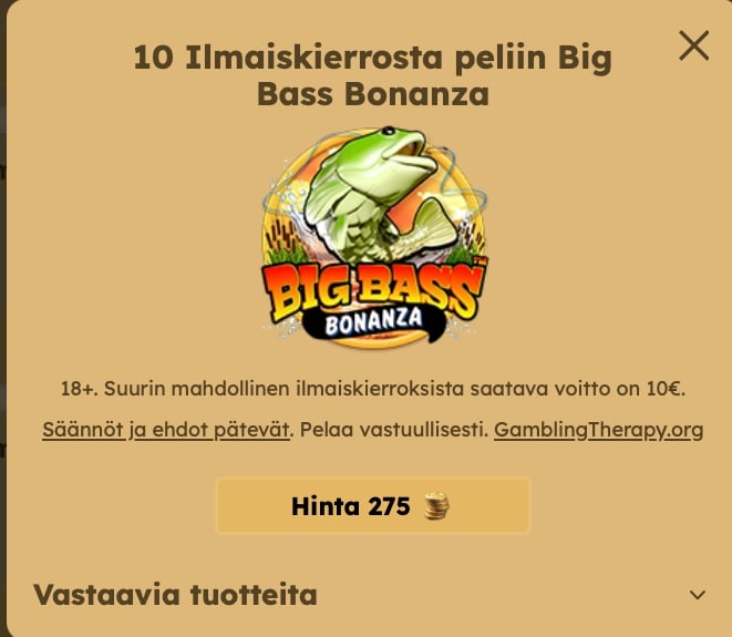 10 ilmaiskierrosta Big Bass Bonanza -peliin, jotka on ostettu Tuuri kasinon bonuskaupasta.