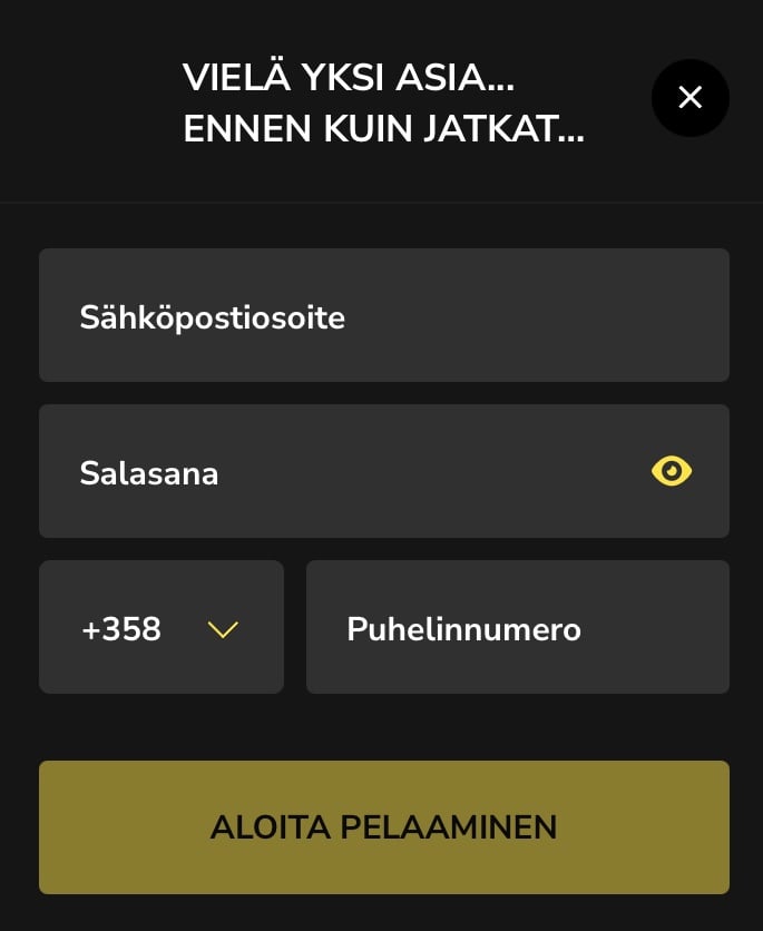 Hurmio-kasinon rekisteröitymislomake, jossa pyydetään sähköpostiosoite, salasana ja puhelinnumero