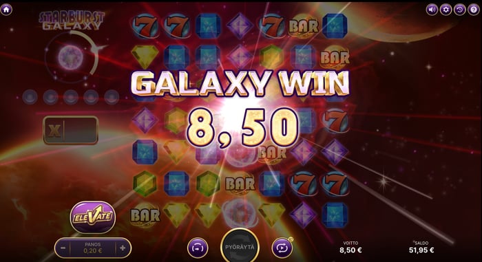 Kuva, jossa näkyy 8,50 € voitto Starburst Galaxy -pelissä.