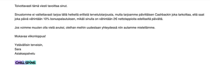 Chill Spinsin asiakastuen vastaus sähköpostitse.