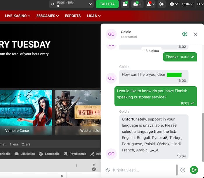 Keskustelu 888 Starz Casinon live-chatissa