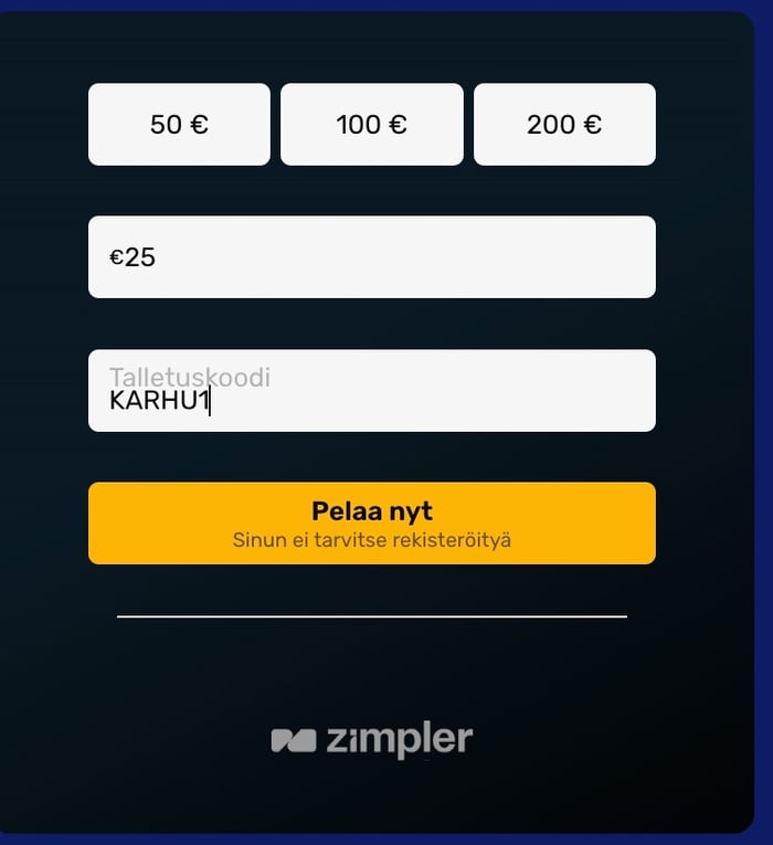 Talletuslomake bonuskoodilla ja 25 euron summalla.