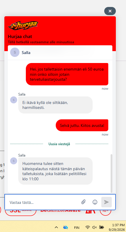 Hurjaa Kasinon livechat-tuki.