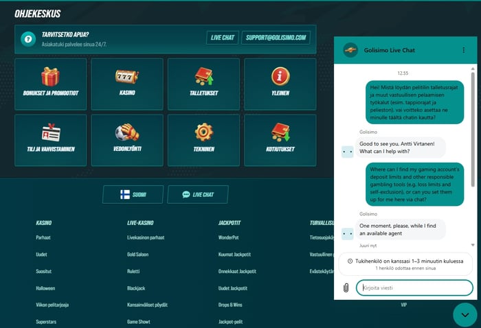 Golisimo-kasinon ohjekeskus ja avoinna oleva live-chat-ikkuna, jossa tiedustellaan vastuullisen pelaamisen työkaluja.