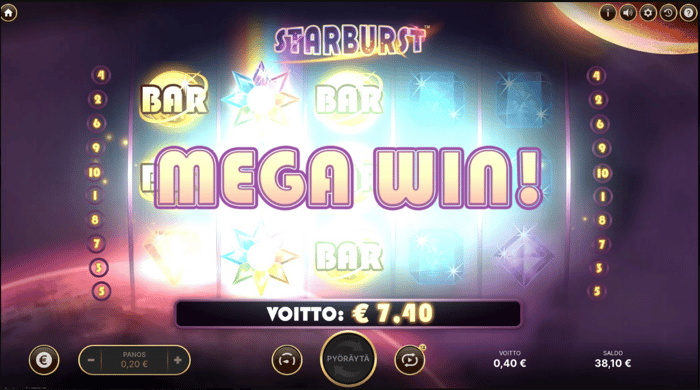 Kuva, jossa näkyy 7,40 € voitto Starburst-pelissä.