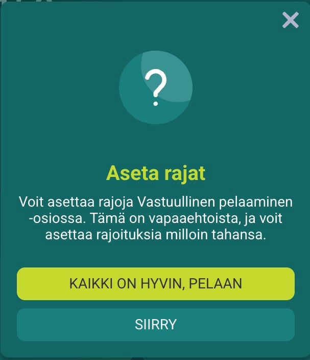 Vivatbetin osio pelirajoitusten asettamiseen.