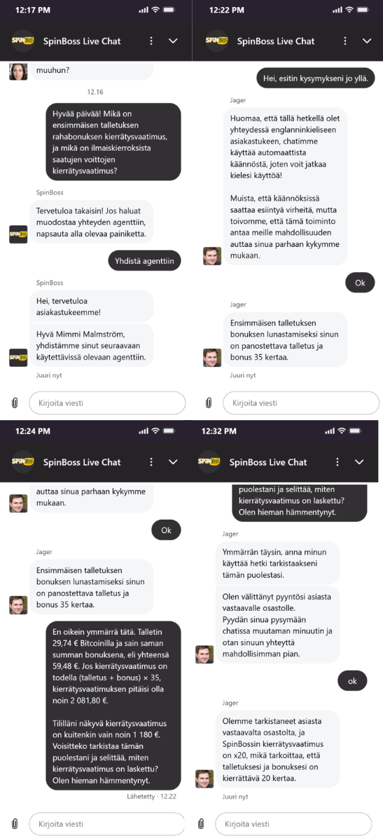 Kuvakaappaukset keskusteluista Spinbossin asiakastuen kanssa.