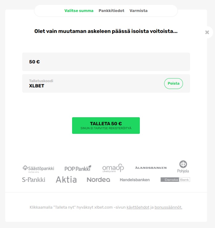 XLBetin talletussivu, jossa 50 euron talletussumma ja tervetuliaistarjouksen bonuskoodi XLBET ovat valittuina. 