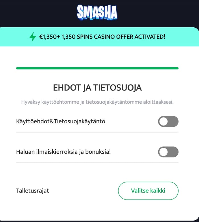 Kuva, jossa näkyy Smasha Casinon rekisteröitymisen vaihe, jossa hyväksytään käyttöehdot.