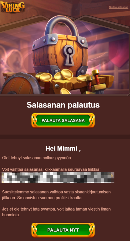 Salasanan palautus -kuvakaappaus Viking Luckilla.
