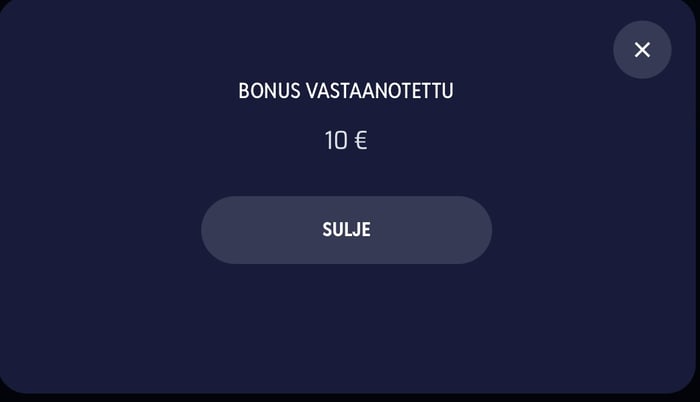 Bonus vastaanotettu -ilmoitus Onerush Casinolla.