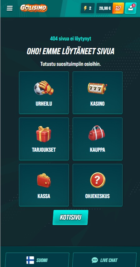 Golisimo-kasinon 404-virhesivu, jossa ilmoitetaan 