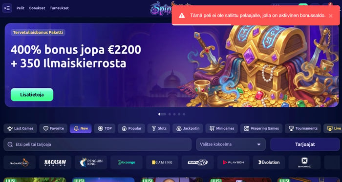 Aktiivisella bonussaldolla kiellettyjen pelien pelaaminen on estetty teknisesti.
